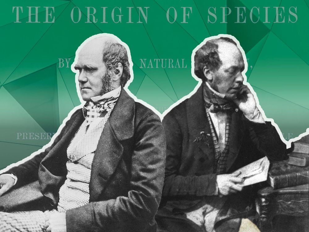 Darwin and John Murray, facing opposite directions, with The Origin of Species title in background