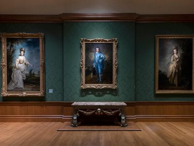 A view of the Thornton Portrait Gallery at the Huntington (L to R): Joshua Reynolds, Diana (Sackville), Viscountess Crosbie, 1777; Thomas Gainsborough, The Blue Boy, 1770; and Thomas Gainsborough, Elizabeth (Jenks) Beaufoy, later Elizabeth Pycroft, c. 1780