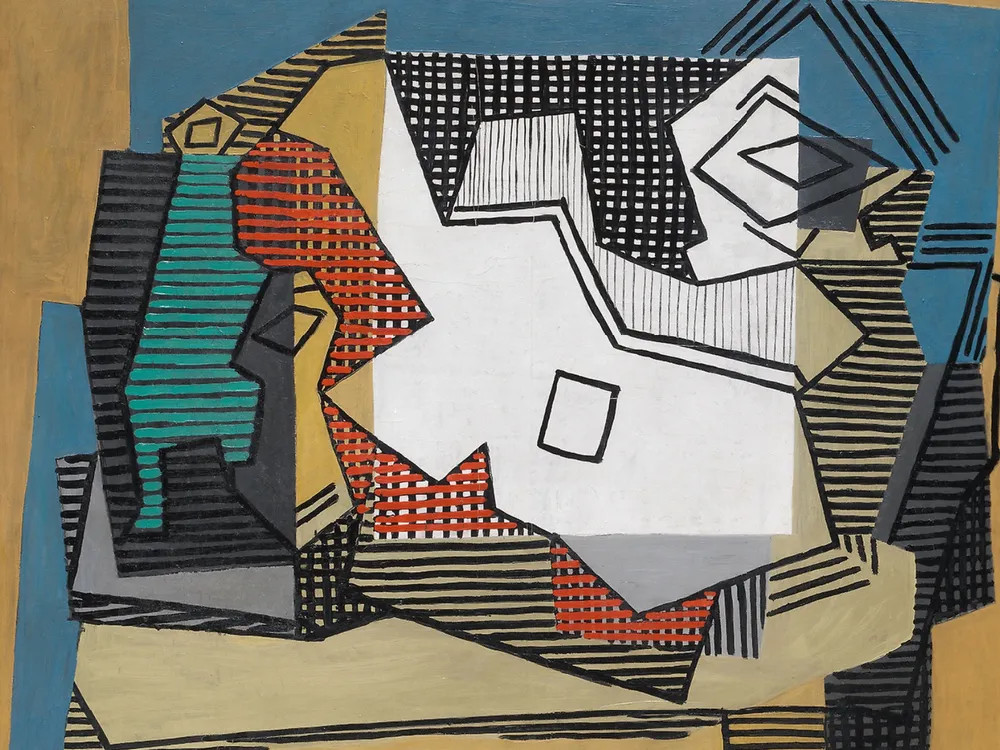 Picasso's 'Still Life' features the white outlines of a guitar in the center, with abstract, linear representations of a wine bottle and a small bowl on either side, all pictured from a bird's eye view