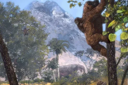 In an open woodland, Morotopithecus bishopi climbs a tree with an infant on its back and a juvenile below.