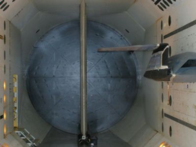 Lockheed Martin's folding-wing model in a wind tunnel.