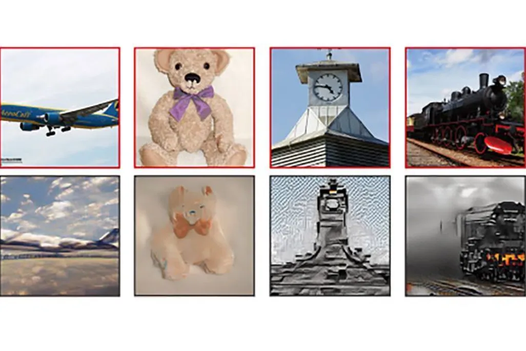 a plane, teddy bear, clock tower and train; first as the person saw them, then as the A.I. created them