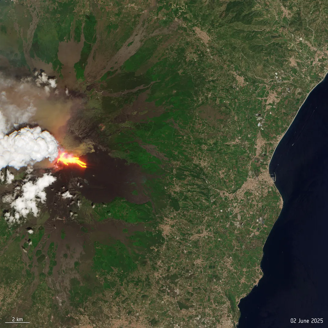 aerial photograph of Mount Etna erupting on June 2