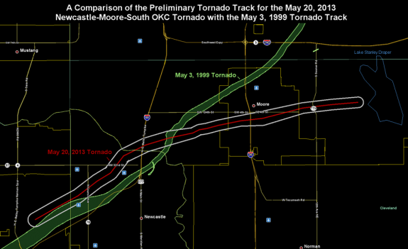 The track of the May 1999 tornado and the preliminary path for today’s tornado.