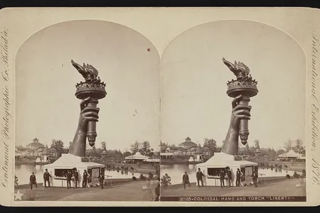 The torch and part of the arm of the Statue of Liberty on display at the 1876 Centennial Exhibition in Philadelphia
