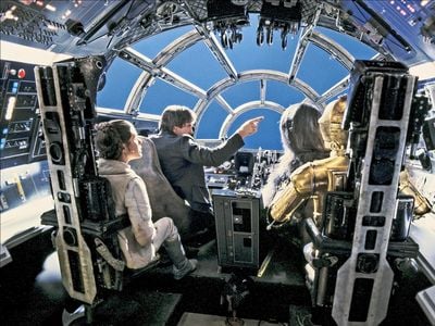 The B-29 bomber’s Plexiglas nose was the obvious inspiration for the space freighter Millennium Falcon. Special effects artists replaced the blue screen with stars only in post-production; on set, the actors had to imagine them.