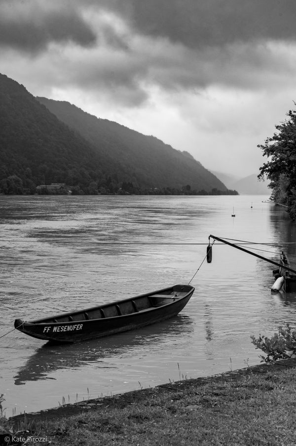 A dinghy floats on the flooded Danube river in Wesenufer, Austria thumbnail