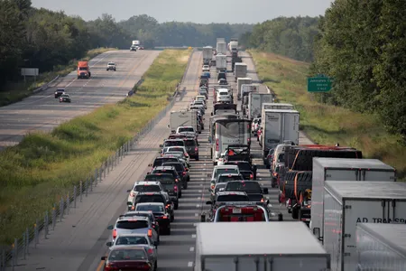 Traffic backed up on Interstate 57 near Johnston City, Illinois, after the total solar eclipse on August 21, 2017.

