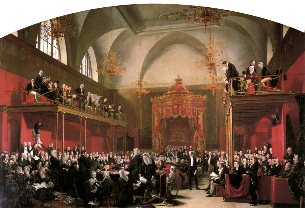 A painting of the trial of Queen Caroline of Brunswick