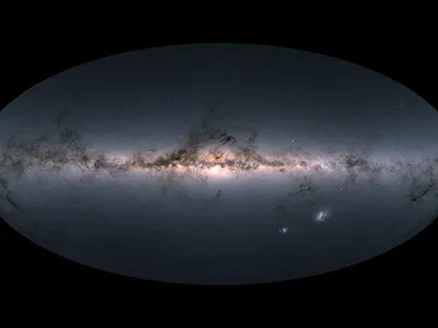 Gaia's all-sky view of our Milky Way Galaxy and neighboring galaxies, based on measurements of nearly 1.7 billion stars.