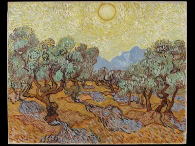 Olive Trees With Yellow Sky and Sun, oil on canvas, 1889. Van Gogh painted several of his most famous works while at the asylum, including his Iris series and The Starry Night.