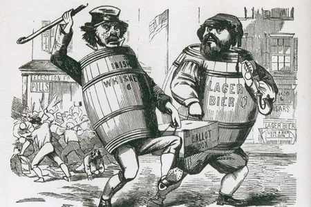 Anti-immigrant cartoon showing two men labeled "Irish Wiskey" and "Lager Bier," carrying a ballot box. 