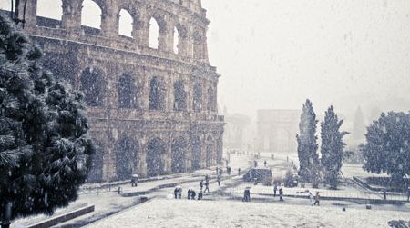 A freakishly cold winter coated Rome's Colosseum in snow