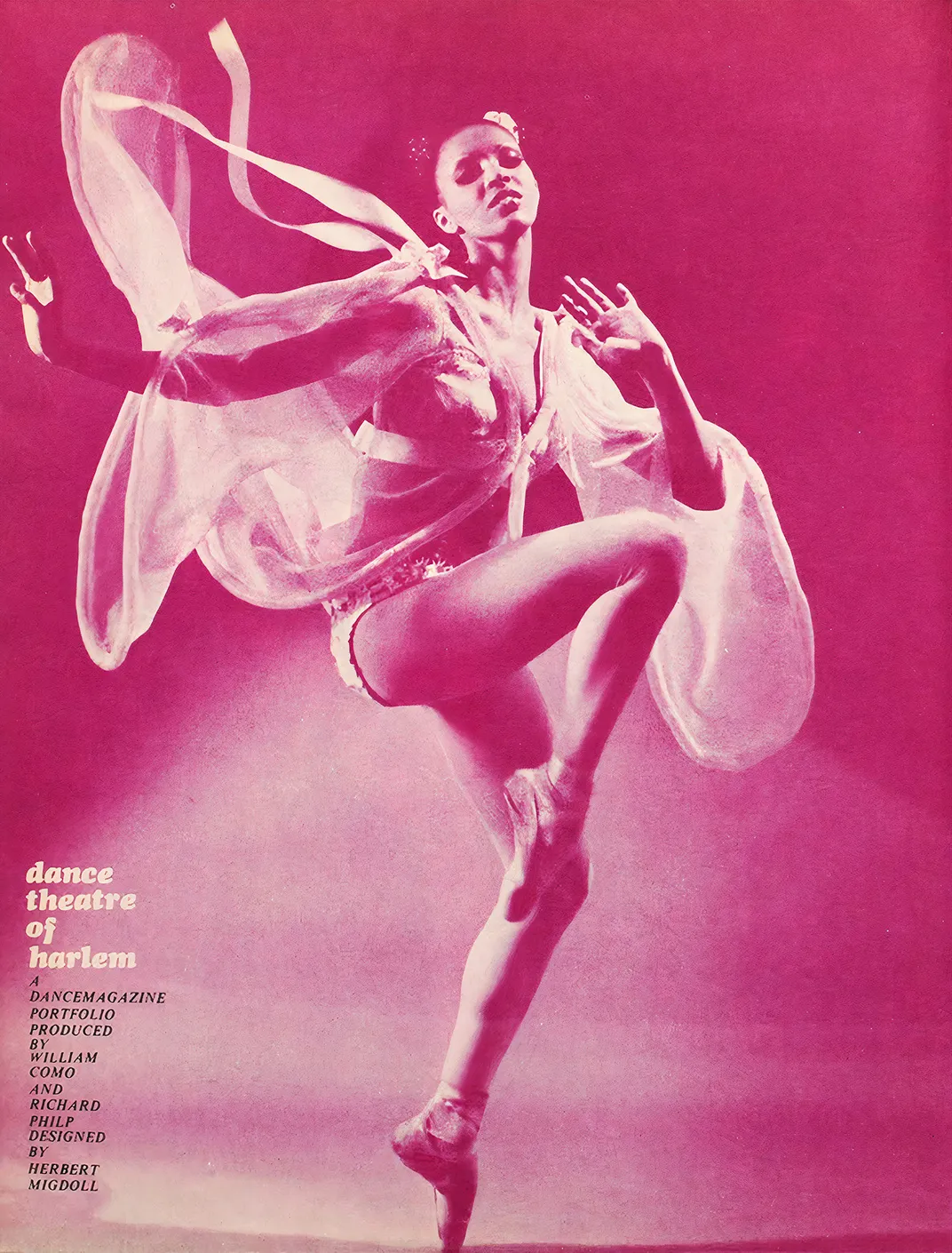 a layout from Dance magazine of a ballerina dancer with a pink overlay design