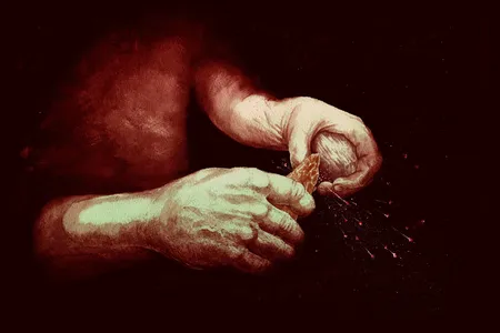 An artist's interpretation of an early human ancestor striking flint on a piece of iron pyrite.