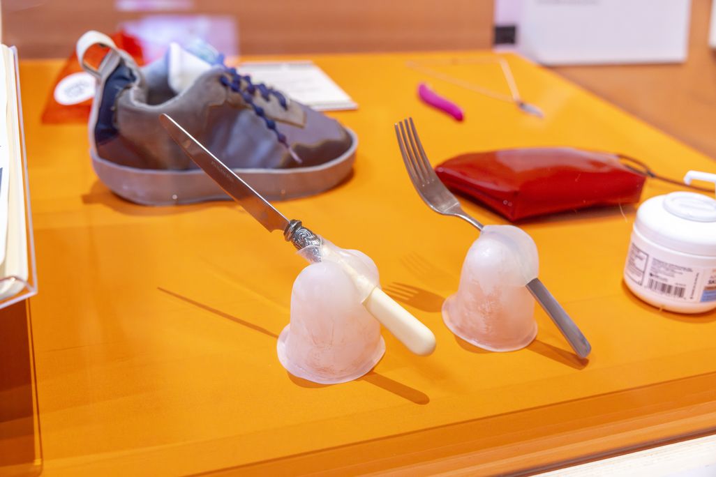 Adapted kitchen utensils on display at the Victoria and Albert Museum.
