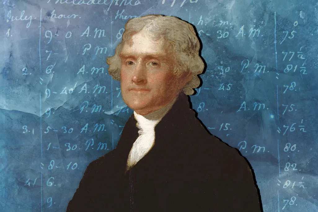 Illustration of Thomas Jefferson in front of a stormy sky