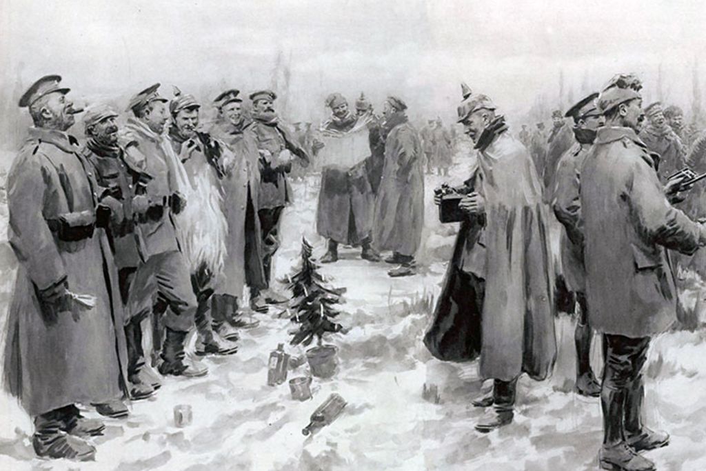 A drawing of the famous Christmas Truce of 1914, when German and British soldiers left their trenches to meet, talk and swap food in no-mans land