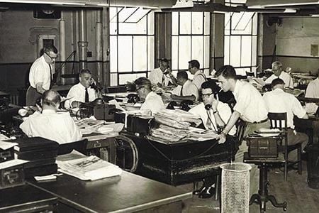 The Journal-American newsroom typified its time: crowded, messy and organized—like the floor of a factory—to get the news out as quickly as possible.
