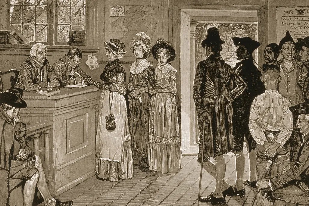 An 1880 Harper's Weekly illustration titled Women at the Polls in New Jersey in the Good Old Times