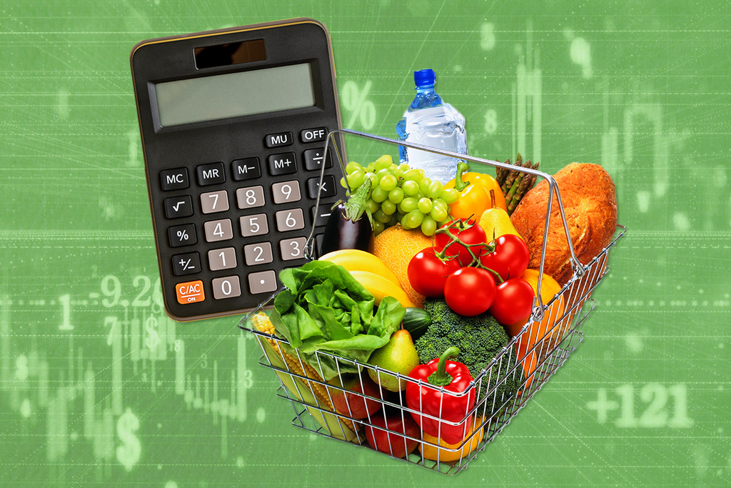 Illustration of a grocery basket and a calculator overlaid on a green background featuring economics symbols