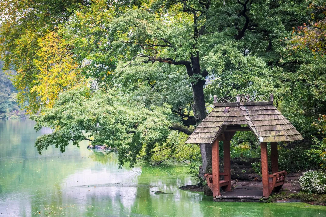 A wooden gazebo on the Lake in Central Park