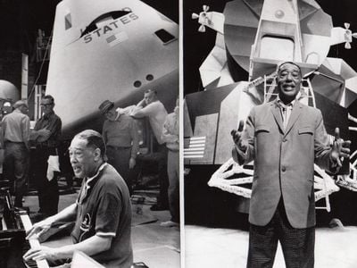 Duke Ellington rehearsing (left) his original composition “Moon Maiden,” and taping his performance (right) on July 15, 1969.