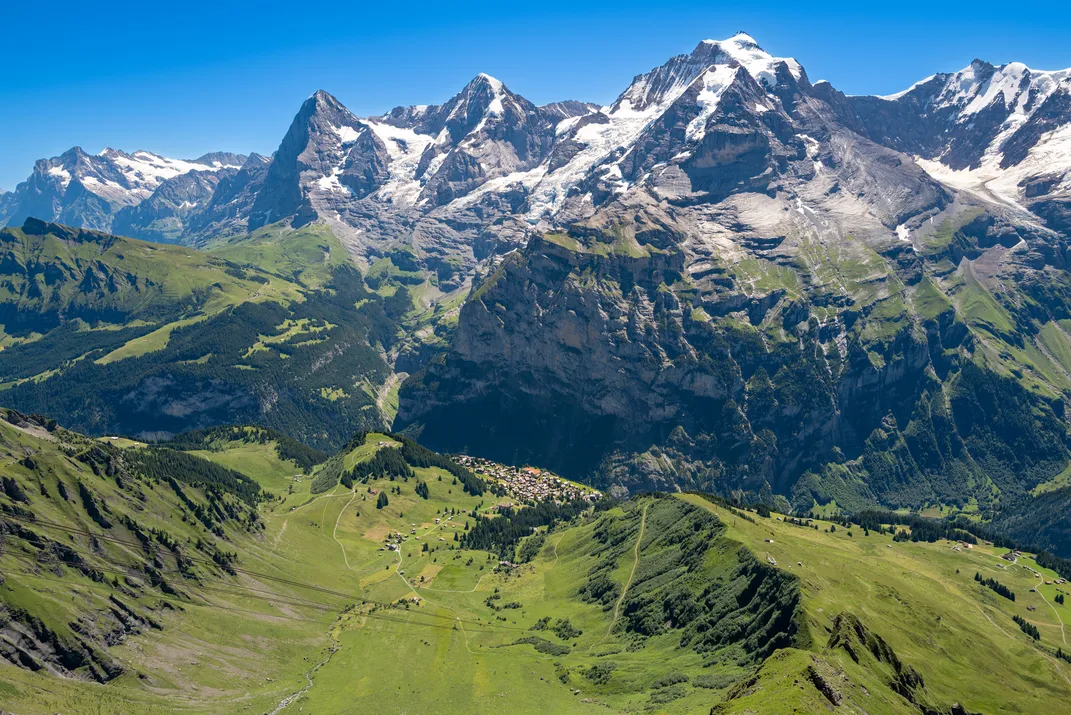 View of the village of Murren and the Eiger, Mönch, and Jungfrau