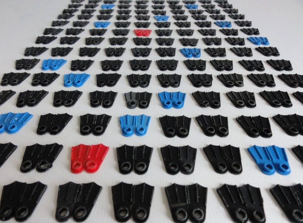 An image of Lego diver's flippers arranged in symmetrical rows.