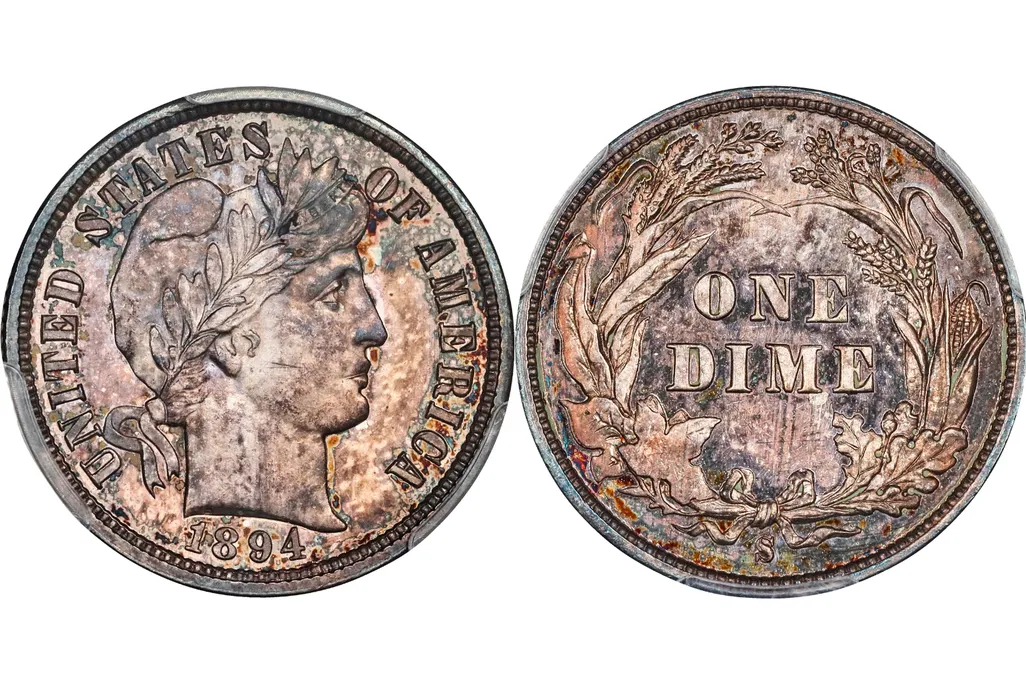 Side-by-side image showing both sides of an 1894 dime