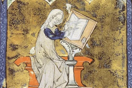 An illuminated manuscript illustration of Marie de France, a 12th-century poet