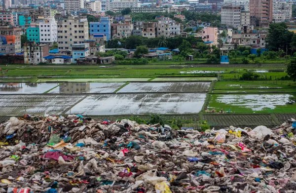 Searching for Essential survival items in the garbage dump beside the green nature and modern city thumbnail