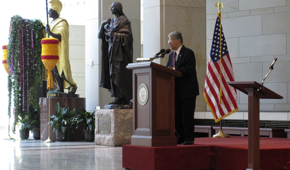 The Honorable Senator Daniel Kahikina Akaka speaking during the lei-draping ceremony to commemorate King Kamehameha Day. June 7, 2009, the U.S. Capitol Visitors’ Center Emancipation Hall, Washington, D.C. (Courtesy of the U.S. Senate)