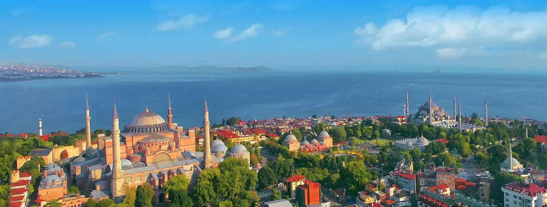 The Hagia Sophia (left) and Blue Mosque (right) along the Bosphorus, Istanbul