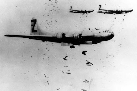 B-29s drop bombs over Yokohama, Japan, May 1945.