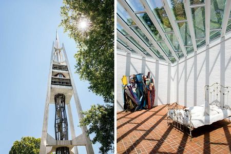 From left: The bell tower of the “Fish Church,” in Stamford, Connecticut; the Sculpture Gallery at Philip Johnson’s Glass House, in New Canaan.