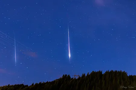 A combined shot shows two Perseids falling a minute apart over Bergen, Norway, on August 13.