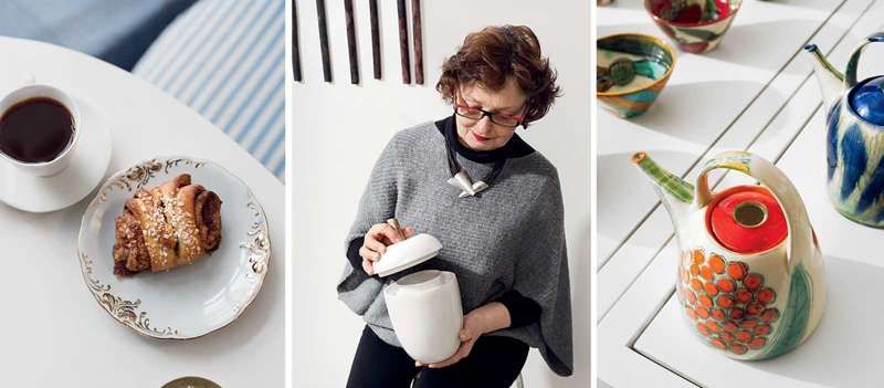 From left: A cinnamon pastry at Café Antique; ceramist Karin Widnäs with one of her pieces; ceramics at the Onoma Shop, in the center of town.