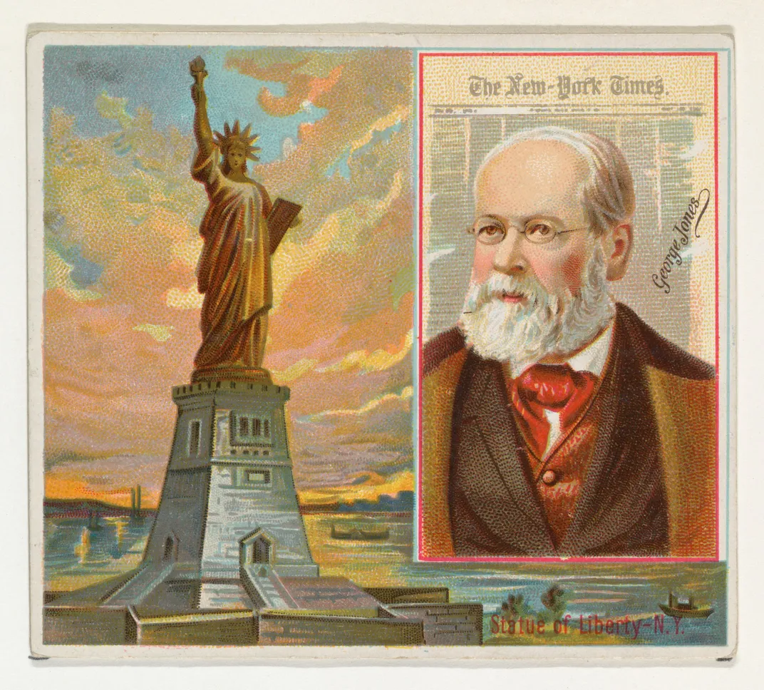 An 1887 commercial color lithograph depicting New York Times co-founder George Jones