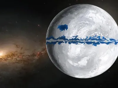 An illustration of the Snowball Earth with some open water around the equator and a newly proposed patch of ocean at mid-latitudes