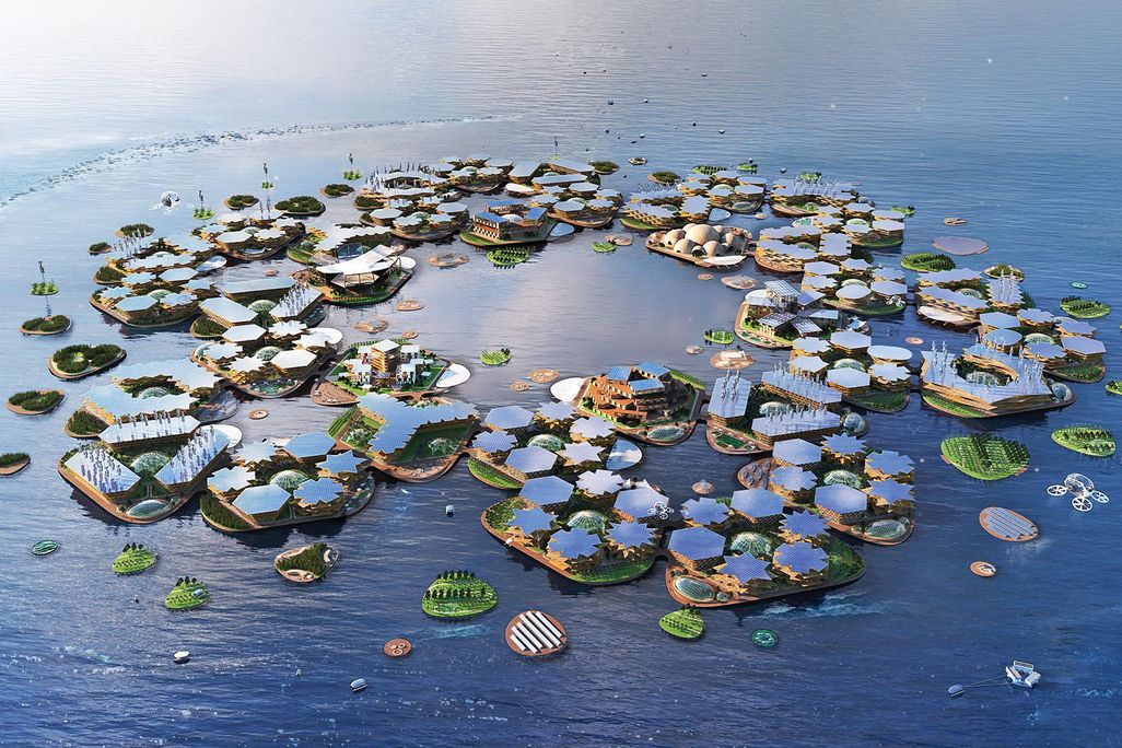 rendering of a floating city that looks like high-tech lily pads