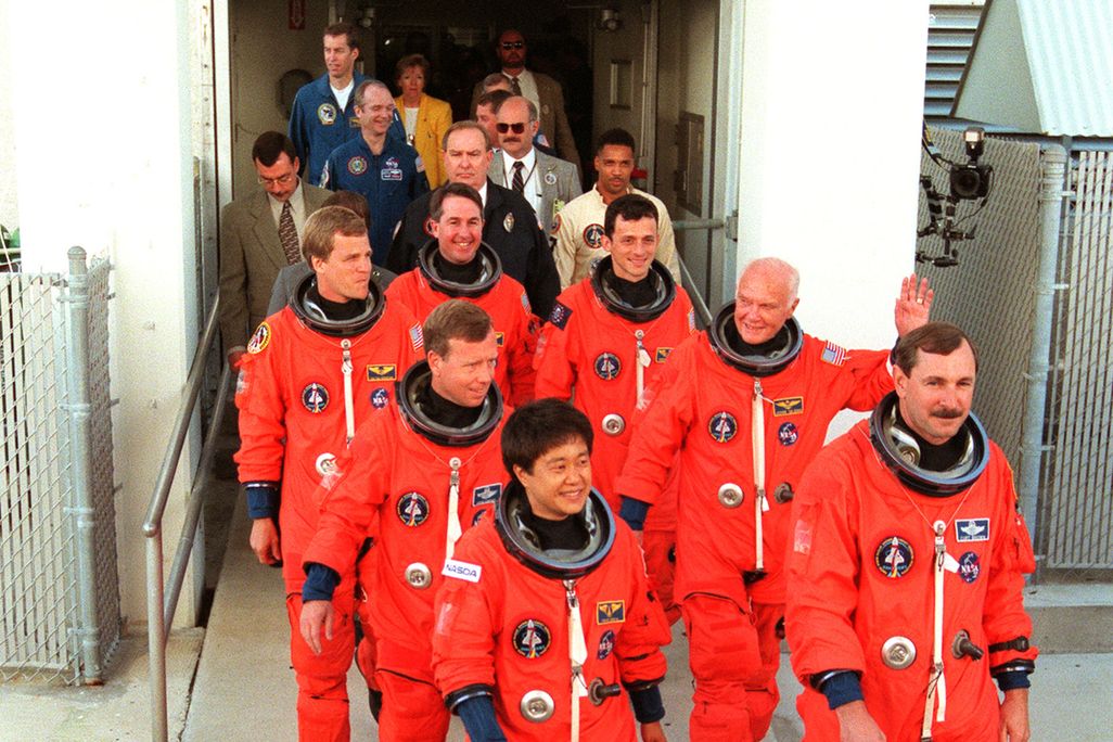 Glenn preparing to board Discovery in 1998
