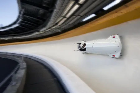 Omega's red measuring units can be mounted on the sides of bobsleds to track performance.