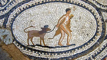 A mosaic of Hercules with pet Cerberus.