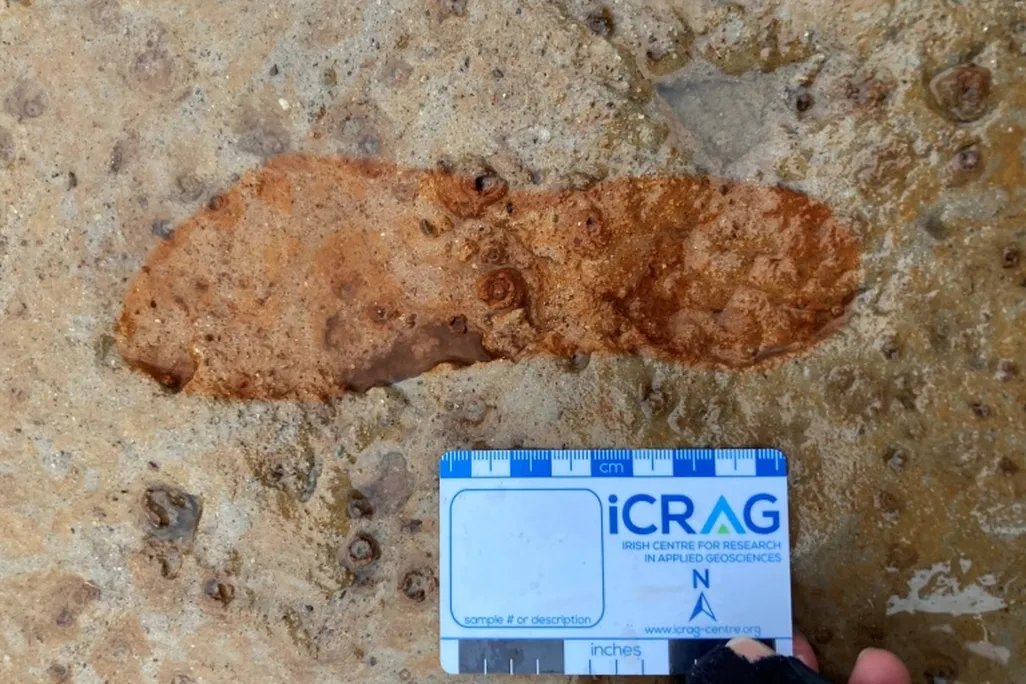 The outline of a footprint with a measurement device next to it
