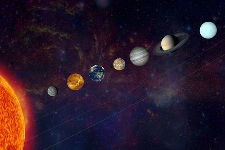 An illustration of our solar system&#39;s planets in a line. This week, six planets appeared to be in a line from Earth&#39;s perspective, but they did not acutally align in space.