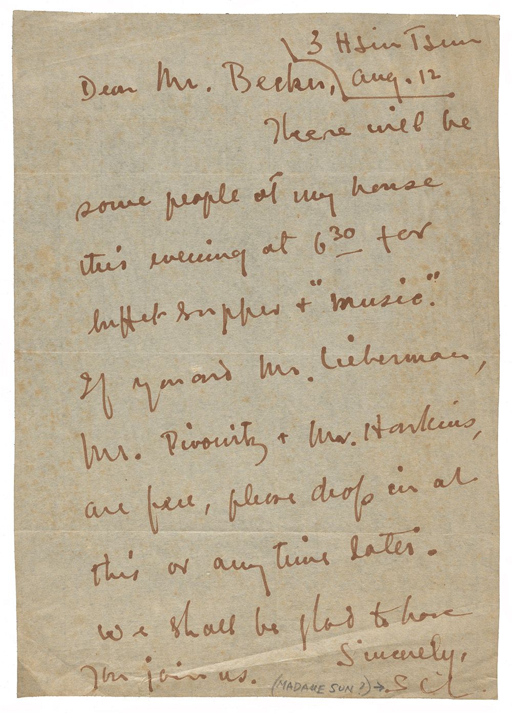 Letter to Fred Becker from Madam Sun Yat-sen