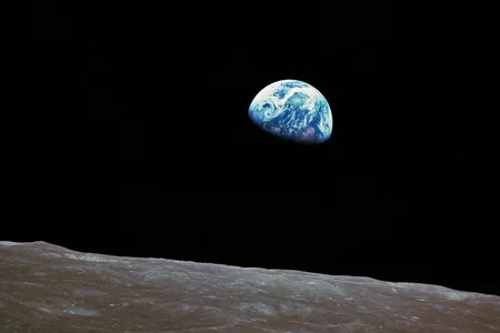 ‘Earthrise,’ which appeared on the cover of the second and third Whole Earth Catalog, was taken by Apollo 8 astronaut Bill Anders during lunar orbit, Dec. 24, 1968.