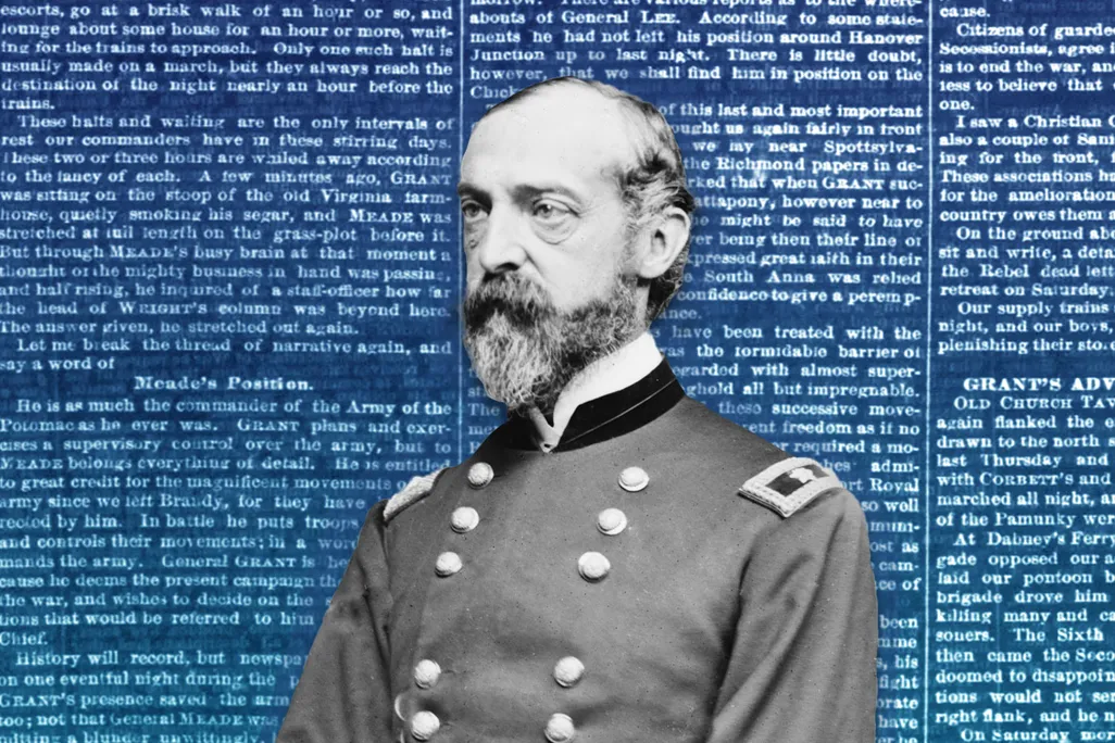 Illustration of George G. Meade in front of a newspaper article critical of his actions