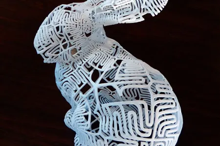 “Bunny” Bunny, by Henry Segerman and Craig Kaplan. The pattern on the bunny consists of copies of the word “bunny.” Listen as the artist describes the sculpture in this YouTube video.